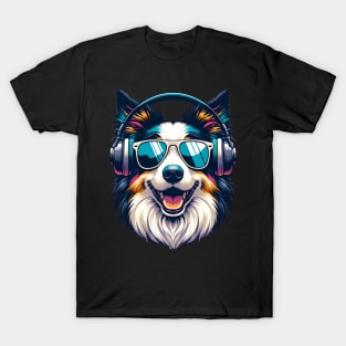 Grinning Border Collie as Smiling DJ with Headphones T-Shirt